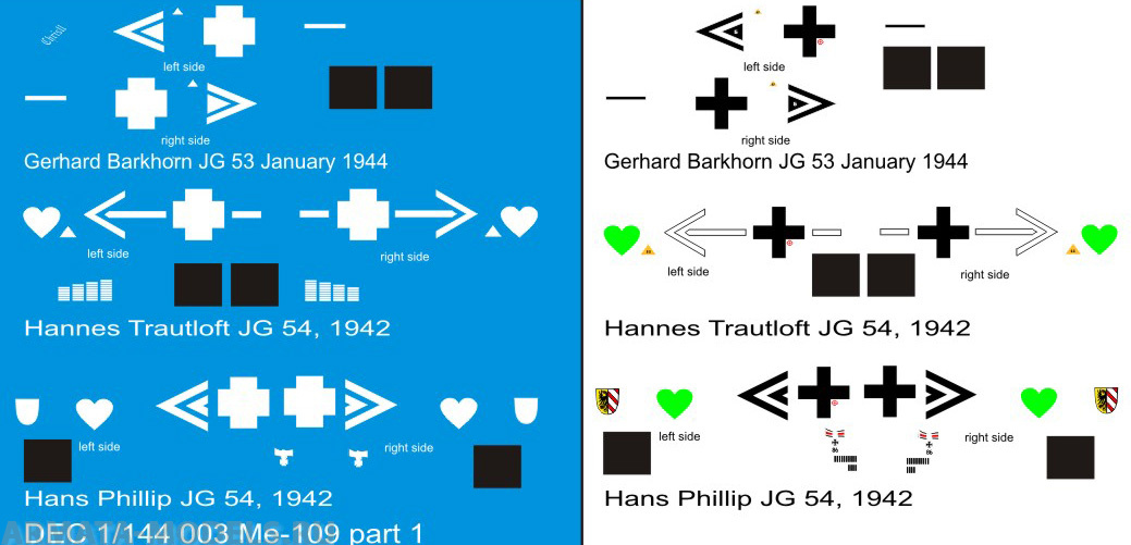DEC1/144-003, Декаль 1/144 именные варианты на самолет Me-109F