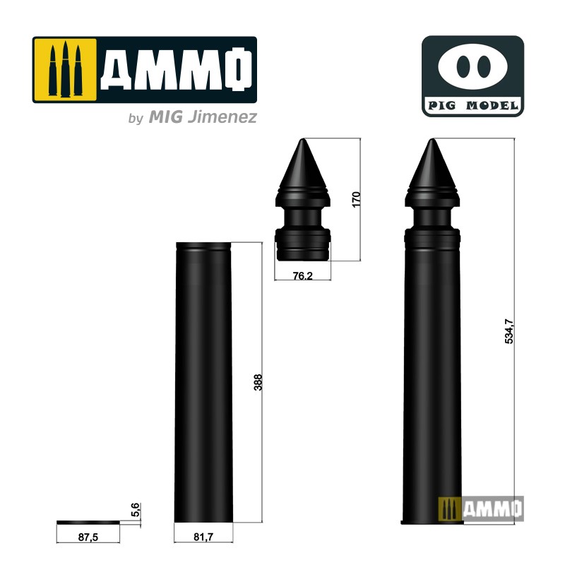 PMODEL003 Модель снаряда в натуральную величину  76.2mm UBR-354P HVAP-T Pig Model