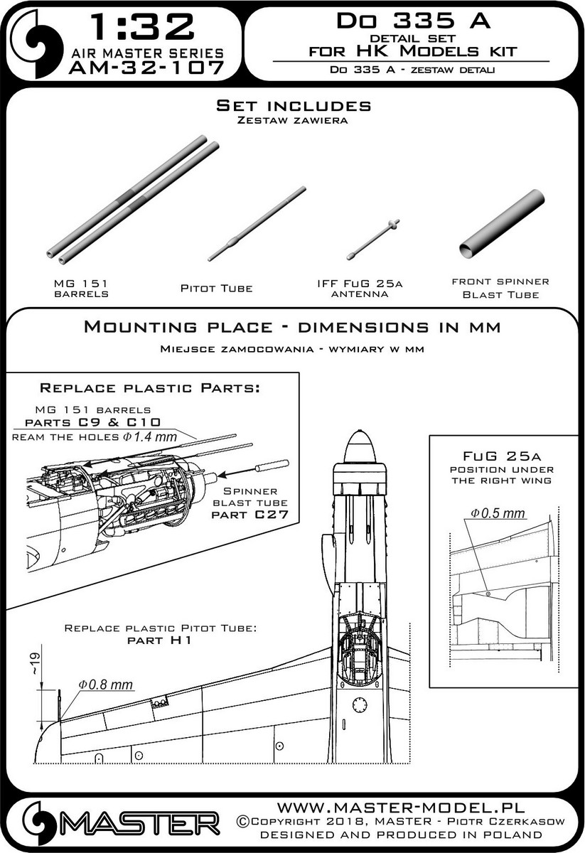 AM-32-107 Do 335 A - набор деталей - MG 151, антенна FuG 25a, трубка Пито (для моделей HK)
